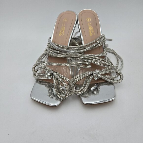 Mata Silver Lace Up Bow Square Toe Heels Womens 8 Martini Heel Clear Sparkle EUC - Picture 2 of 9